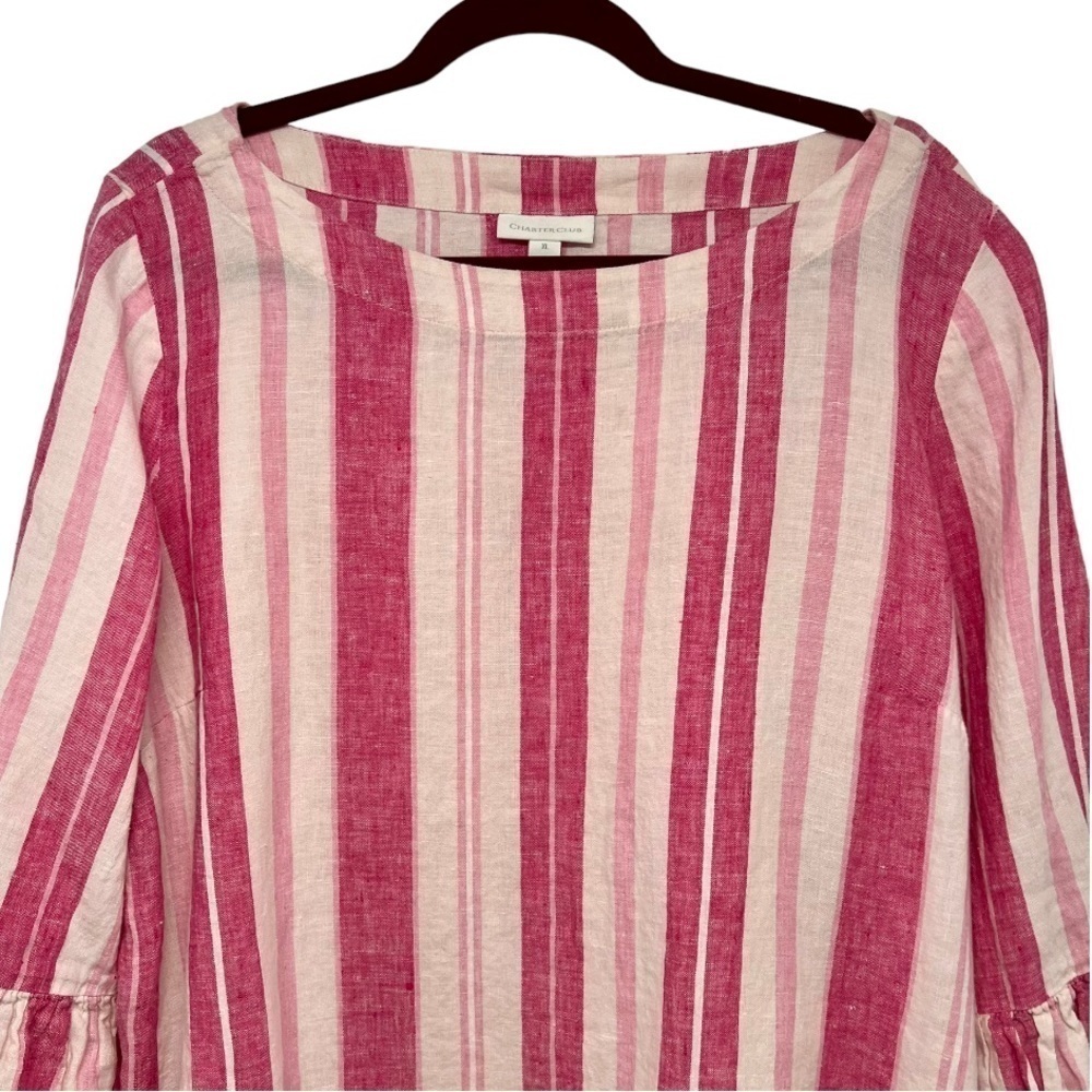 Charter Club Pink Linen Striped 3/4 Ruffle Sleeves Casual Top Womenโs XL - Picture 5 of 9